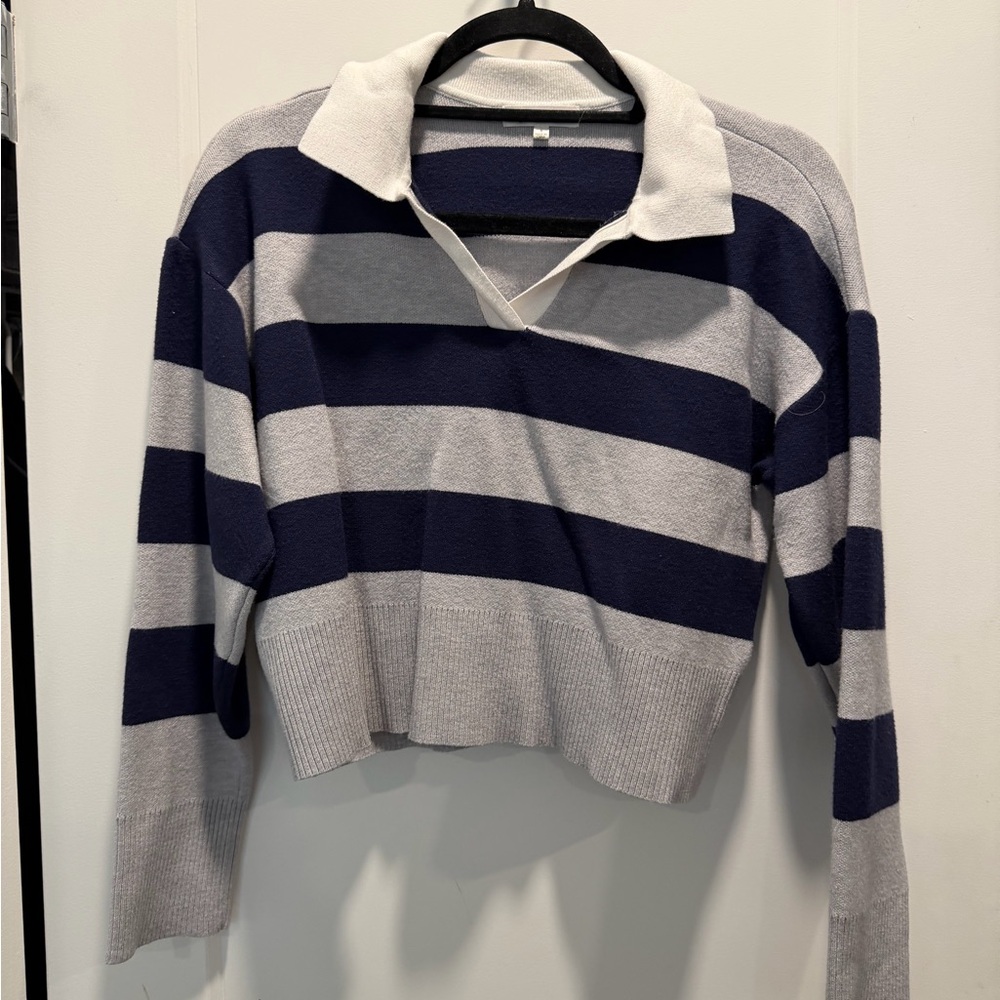 Fashion Nova Navy and Gray Striped Crop Top